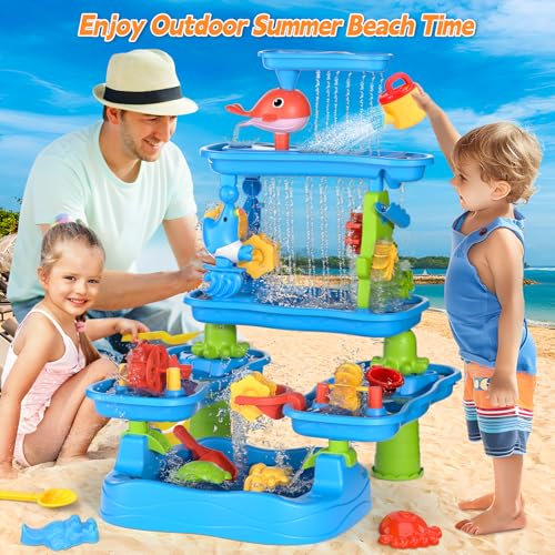 5-Tier Water Table for Toddlers Kids 1-3 3-5 4-8, Outdoor Sand & Water Play Sensory Tables Toys for Boys Girls, Outside Summer Beach Backyard Rain Showers Splash Activities with Multiple Accessories