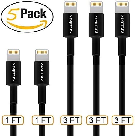 SMALLElectric Replacement for iPhone Charger 5 Pack, iPhone Cord 2X 1FT Short iPhone Cable + 3X 3FT USB Charging Compatible with Apple iPhone X / 8 Plus / 7/6 / 5S / iPad/iPod, Black