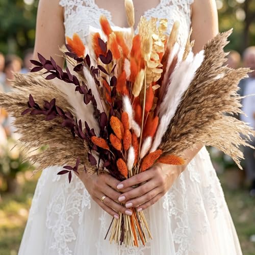 Ramo de flores secas pampas 145 piezas boho naranja miniatura 4