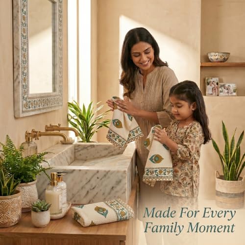 Image of Mafatlal Madhuban 250 GSM Textured Hand Towel Combo | Set of 4 | 76 x 38 cm Each | Waffle Weave | Bathing, Body Scrubbing, Cleansing & Gifting | Sage Green