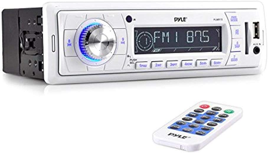 PLMR18 200-Watt Marine AM FM SD USB Aux Remote Radio Receiver, and 4 x PLMR60W 150 Watts 6.5'' Dual Cone Speakers (White), Radio Shield, Enrock Antenna,4-Channel Waterproof Amplifier