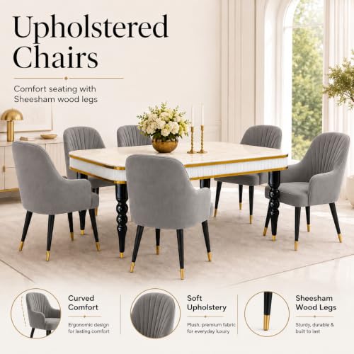 Image of 6-Seater Dining Table Set with Nano Composite Marble Top | Golden PVC Wooden Base | Includes 6 Fabric Upholstered Chairs | 2 Year Warranty | Dining Room Furniture Set for Home (Gray)