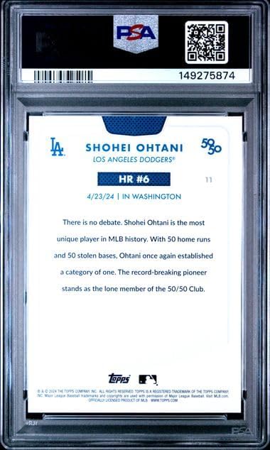 Graded Psa Gem Mint 10 Shohei Ohtani #11 Baseball Card 50/50 Home Run And Stolen Bases Club Dodgers 4 time Mvp Superstar. Celebrate Home Run #6 During His Record Setting Season