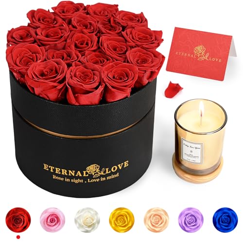 LIFELUM Forever Roses with Candle in a Box,Flowers for Delivery Prime Today, Red Preserved Roses Bouquet, Birthday Gifts for Wife (Blue)