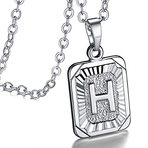 FOCALOOK Monogram Necklace A-Z 26 Letters Pendants Platinum Plated Square Script Initial Jewelry with Stainless Steel 22 Inch Chain, Capital Alphabet Necklaces for Women(Letter H)