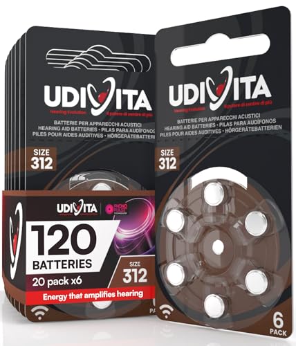 120 Hearing Aid Batteries Size 312 Udivita Phono Pulse Technology - 20 Blisters of 6 Batteries