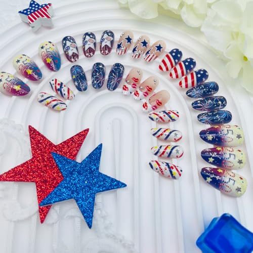 30Pcs 4th of July Press on Nails Almond Patriotic Fake Nails with American Flag Star & Fireworks Designs Red White Blue False Nails Medium Acrylic Stick on Nails for Women Independence Day Decoration