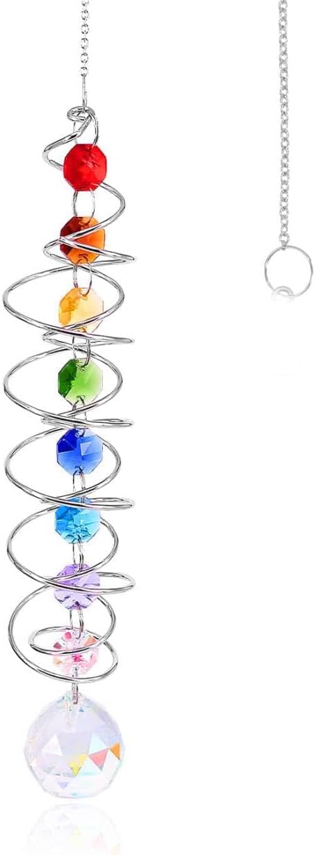 Crystal Rainbow Spiral Wind Spinner, Hanging Suncatcher with Prism Ball, Metal Spiral Chain (Mix)