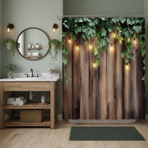 Rustic Wood Board Green Ivy Shower Curtain, Farmhouse 70Wx70H Inches