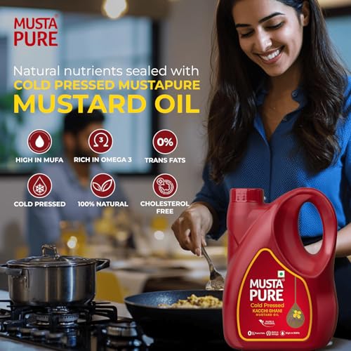 Image of Musta Pure Cold Pressed Kachi Ghani Mustard Oil 5 Litre Cooking Oil, Unrefined, Naturally Cholesterol Free, A1 Grade Real Seeds For Natural Aroma & Flavour For Roasting, Frying, Baking - Jar