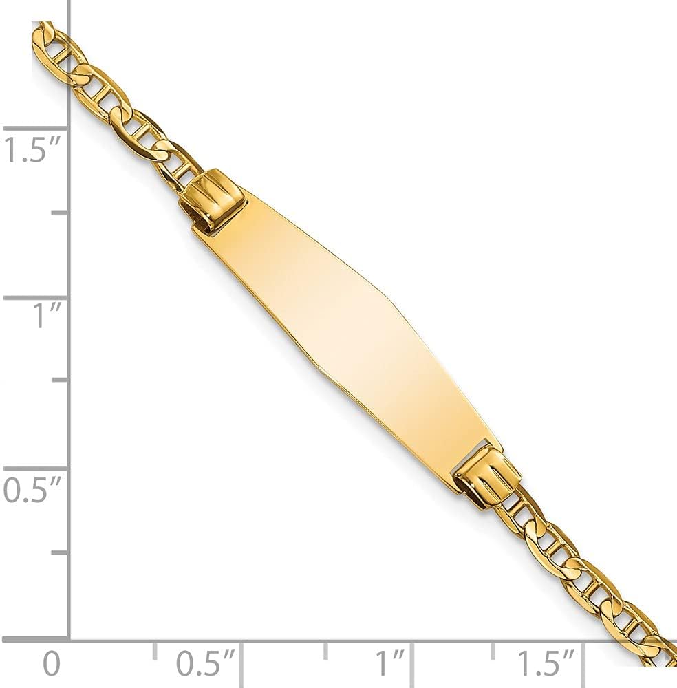 Engravable Personalized Custom 14K Yellow Gold Soft Diamond Shape Anchor Link ID Bracelet For Men or Women Length 7 inches Width 7.5 mm