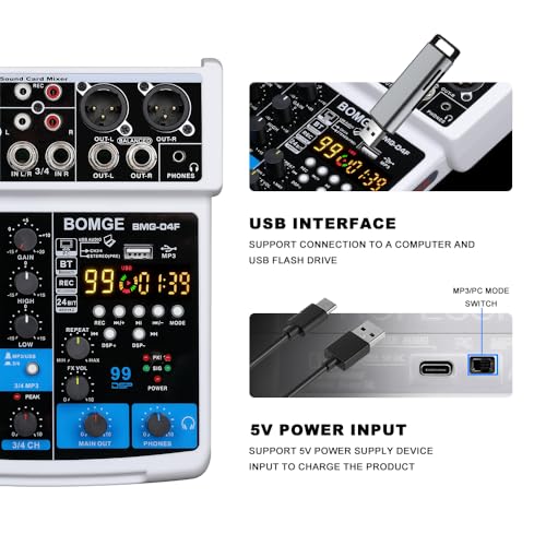 BOMGE -04F 4-kanałowy mikser dźwięku DJ z MP3/USB Bluetooth, nagrywanie stereo / 48 V / 24 DSP efekty Echo do transmisji na żywo, karaoke, występów, śpiewu kościelnego i produkcji muzycznej (biały-4F)