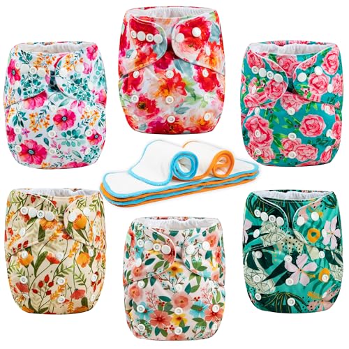 Image of Wegreeco Cloth Diapers 6 Pack with Inserts & Wet Bag, Washable Reusable Diapers for Babies, One Size Adjustable (Chinese Rose)