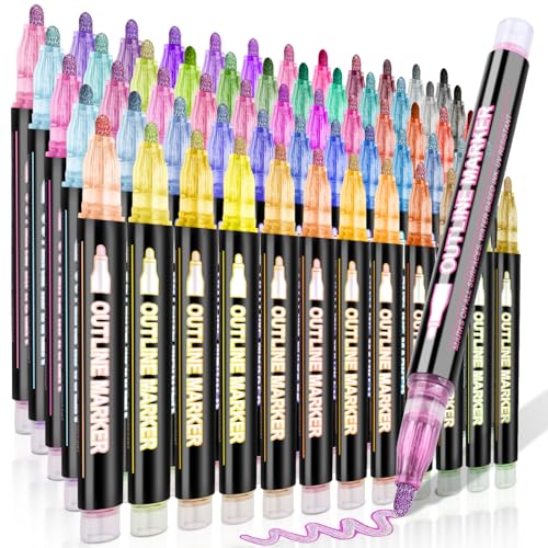 60 Colors Outline Glitter Markers, Double Line Shimmer Marker Pens for Christmas Greeting Cards, Outline Pens for Art Supplies for Scrapbook Crafts DIY Art Crafts