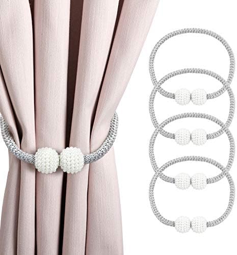 HANGOU Magnetic Curtain Tiebacks 4 Pieces Convenient Tiebacks with Pearl Ball Decoration Curtain Holdback Holder Avaliable for Home and Office (Grey)