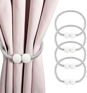 HANGOU Magnetic Curtain Tiebacks 4 Pieces Convenient Tiebacks with Pearl Ball Decoration Curtain Holdback Holder Avaliable for Home and Office (Grey)