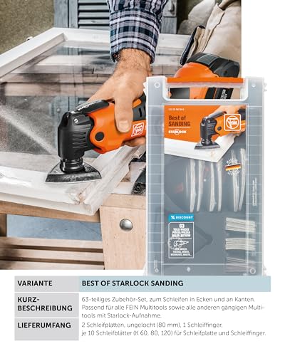 Fein Best of Starlock Sanding (63 teiliges Zubehör-Set für Multitools, Aufnahme Starlock, 2 Schleifplatten, 1 Schleiffinger, Schleifblätter K 60, 80, 120) 35222967040