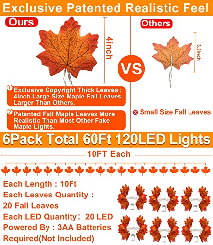 6 Pack Thanksgiving Decorations Maple Leaves Garland String Light, Total 60Ft/120Led Realistic Fall Leaves Thanksgiving Light Waterproof Battery Operated Fall Garland Thanksgiving Decor Indoor Outdoor #TOP3