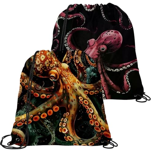 Sac à cordon pieuvre (lot de 2) : sac de sport vintage orange et étanche pour homme et femme