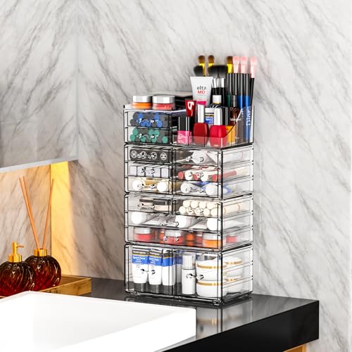 Cq-acrylic-Make-Up-Organizers-for-Vanity-With-14-Drawers-4-Pack-Clear-Drawer-OrganizersPlastic-Cute-Desk-Accessories-Organization-and-Bathroom-Organizers-Storage-Case-Box-Cube-for-BeautySkin-Care