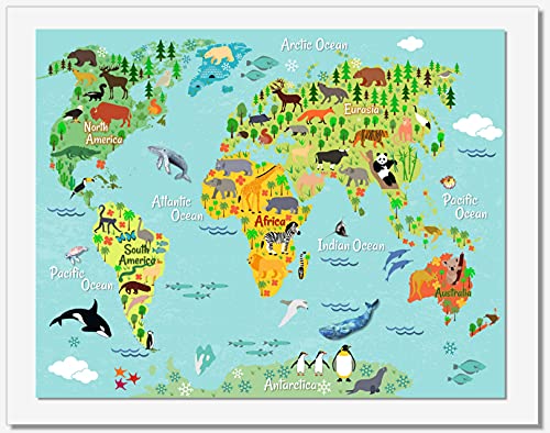 Animal World Map Wall Art -Kids Children Educational Wall Decor - 11X14 - Unframed #TOP5