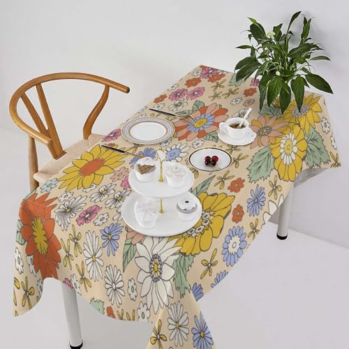 Retro Floral Tablecloth, Boho Colorful 70s Style Vintage Flower Hippie Groovy Farmhouse Country Gardern Waterproof Wipeable Table Cover for Picnic Holiday Party Kitchen Dining 60x120