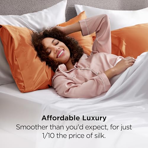 Image of Bedsure King Size Satin Pillowcase Set of 2 - Orange Silky Pillow Cases for Hair and Skin with Envelope Closure, Similar to Silk Pillow Cases, Gifts for Women Men, 20x36 Inches, 2pcs