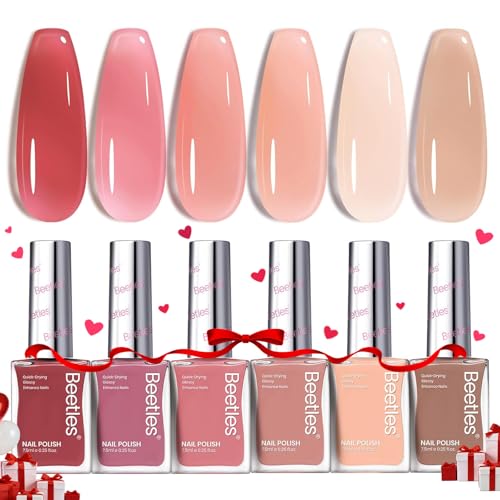 Beetles Jelly Nail Polish Set P186,6 Colors Burgundy Pink Nude Quick Dry Nail Polish Fingernail Fast Drying & Long Lasting Nail Strengthener Polish for