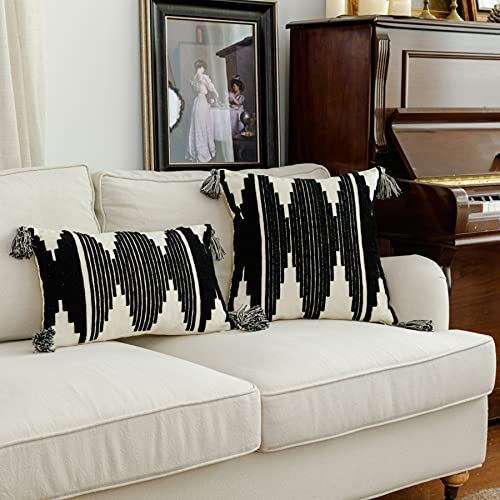 Boho Cream And Black Decorative Wave Triangle Geometric Tufted Throw Pillow Cover With Tassel 20X20 Inch Morocco Embroidery Pillow Cushion Case For Couch Sofa Farmhouse Car #TOP4