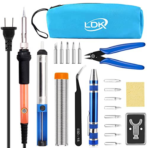 LDK Electric Soldering Iron Kit 60W, Adjustable Temperature with 5pcs Different Tips, Desoldering Pump, Stand, anti-static Tweezers, Solder Tube, Screwdriver, Cutter and Carry Bag for Repaired Usage