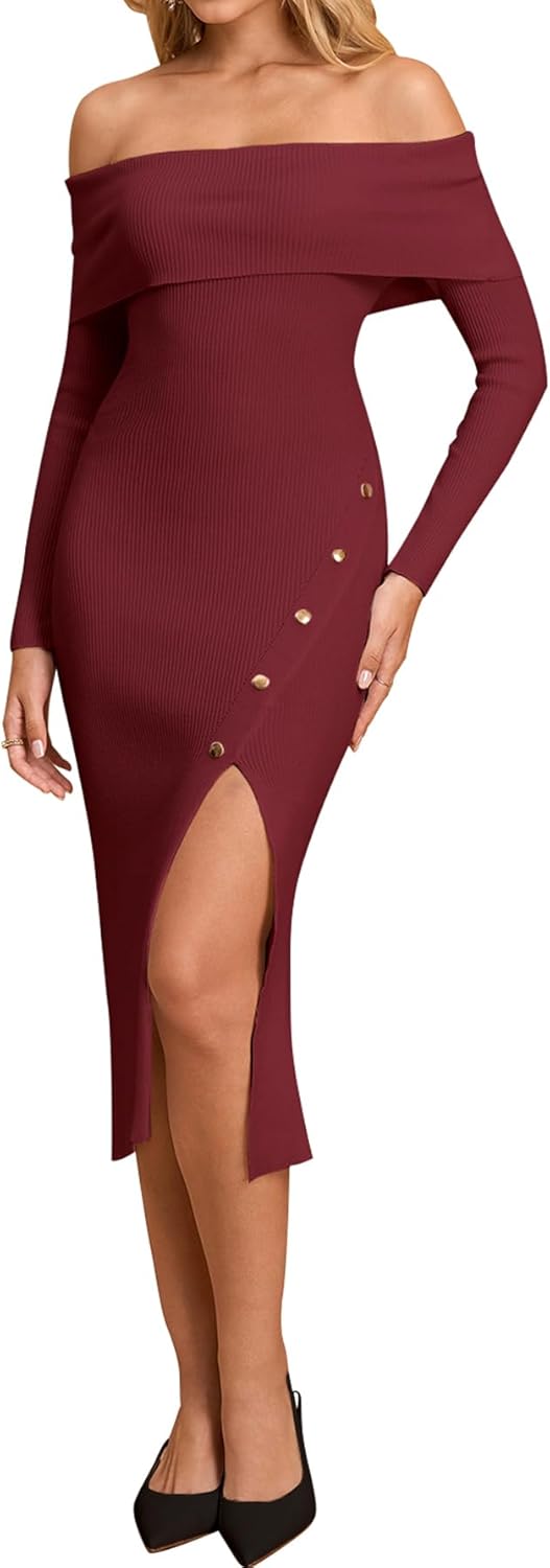 KUTUMAI Women Fall Off Shoulder Sweater Bodycon Midi Dress Long Sleeve Slit Cocktail Formal Wedding Guest Dresses