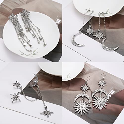 DOLOTTA 9 Pairs Moon Stars Long Dangle Earrings for Women Sun Butterfly CZ Earrings Exaggerated Moon Gold Earrings Long Chain Shining Tassel Boho Vintage Earrings Silver - Thumbnail 4