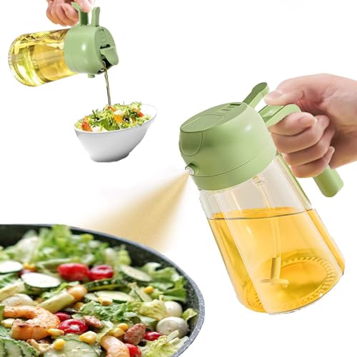2 in 1 Oil Dispenser and Oil Sprayer, Oil Sprayer for Cooking, Cooking Oil Dispenser Sprayer, Oil Dispenser for Kitchen Spray, 16oz Glass Olive Oil Dispenser Bottle (Green)