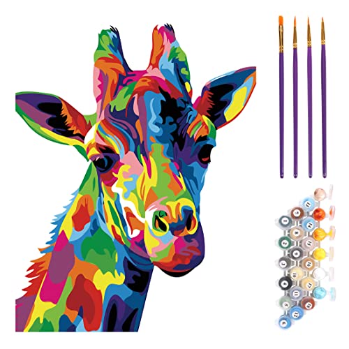 TONZOM Malen nach Zahlen Kits mit Pinseln und Acrylpigment DIY Leinwandmalerei für Kinder Anfänger, Bunter Giraffe 40x50 cm Ohne Rahmen Cover