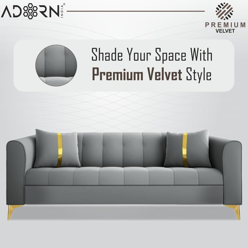 Image of Adorn India Premium Mystic - 3 Years Warranty - 3 Seater Sofa Velvet Suede Fabric - Grey