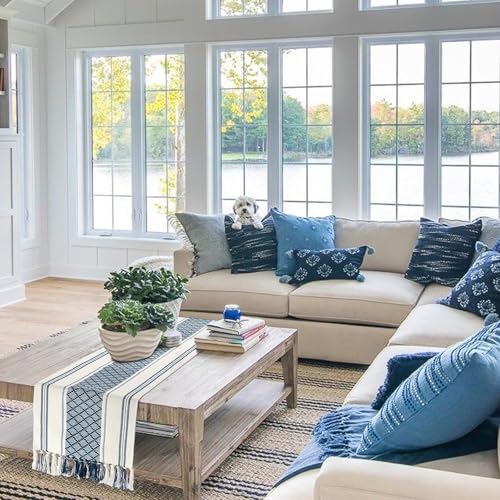 yuboo Blue and White Table Runner Farmhouse Style - Coastal Nautical Woven Table Runner 72 inches Long with Tassels, Dresser Runners for Bedroom, Dining Room, Summer Table Decor - Image 9