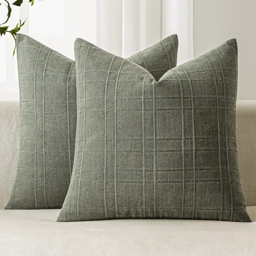 Image of MIULEE Decorative Linen Check Throw Pillow Covers Neutral Farmhouse Vintage Spring Pillow Covers 16x16 Set of 2 Boho Modern Home Decor for Sofa Couch Bedroom Cushion Olive Green