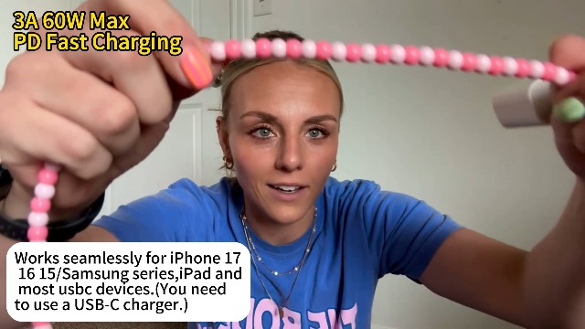 Image of USB C to USB C Cable 3FT,60W Beaded Phone Fast Charging Cord&Car Charger for iPhone 17 16 15 Pro Max /iPad Air 10th A16 for Samsung S26 S25 S24 Ultra A17 Android Phone Charger Cute Girl Women,PurpleRed