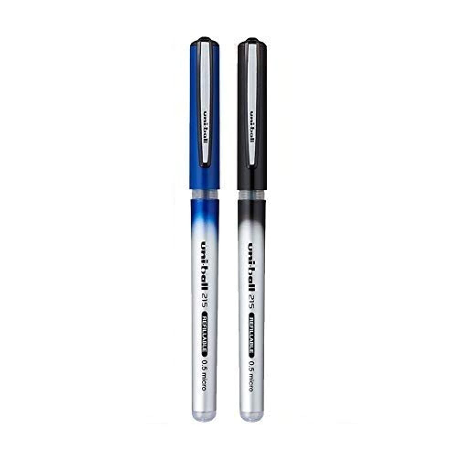 Uniball UB-215 0.5mm Micro Roller Ball Pen | Long Lasting Smudge Free Ink | Water & Fade Resistant | Lightweighted Sleek Body | School and Office stationery | Blue & Black Ink, Pack of 2