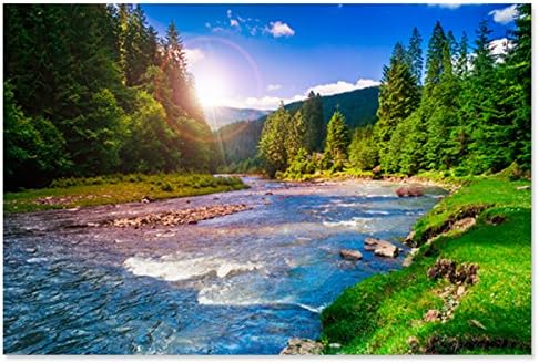 Inzlove Wall Art Decor Poster Painting On Canvas Print Pictures Mountain River with Rainbow Outdoor Nature Scenery Green Forest Landscape Artwork Picture for Living Room Decoration (Framed 24x36inch)