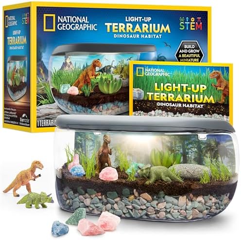 National Geographic Light Up Terrarium Kit for Kids - Build a Dinosaur Habitat with Real Plants & Gemstones, Science Kit, Dinosaur Toys for Kids