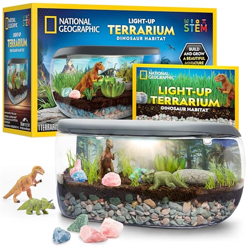 NATIONAL GEOGRAPHIC Light Up Terrarium Kit for Kids - Build a Dinosaur Habitat with Real Plants & Gemstones Science Kit Dinosaur Toys for Kids