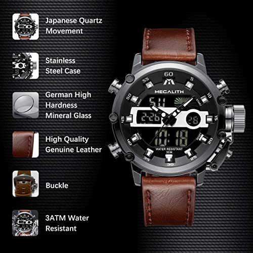 MEGALITH Mens Watches with Leather Waterproof Digital Military Sport Tactical Multifunction Heavy Duty Led Black Watch for Men, Alarm Stopwatch