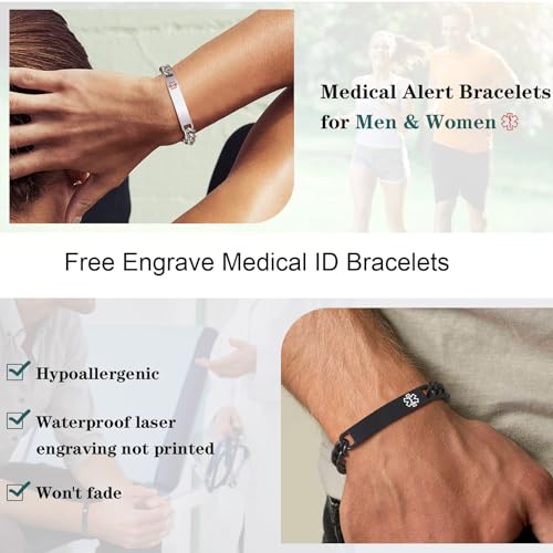 XUANPAI Medical Alert ID Bracelet When 4pcs Couple Necklace Bracelet Set, in The Trash Engraved ID Bracelets for Men or Women,2 Pcs - Image 4