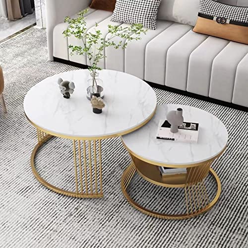 Juego de mesas de centro modernas, 2 mesas redondas apilables con estante de almacenamiento, tablero de pizarra y estructura de metal resistente, ideal para espacios pequeños y salas de esta