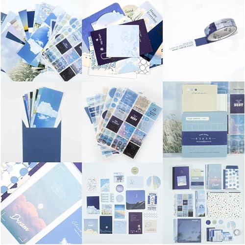 Image of ATIRAMANIYA Vintage Aesthetic Scrapbook Kit(346Pcs) Scrapbooking Supplies Kit with Bullet Junk Journal,Stationery,A6 Grid Notebook Journaling Gift for Girl (New Blue Scraobook)