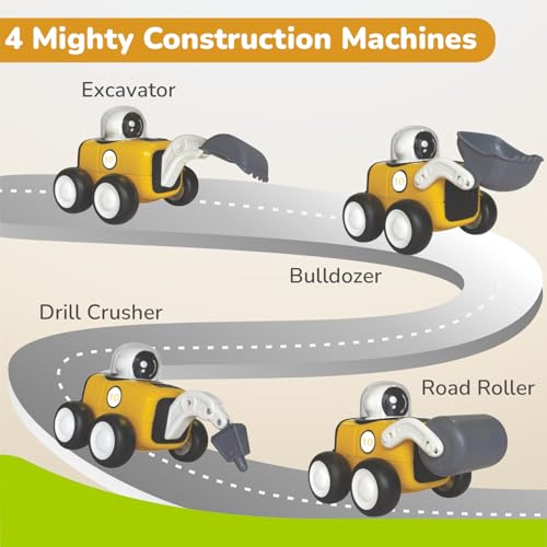 Image of R for Rabbit Orapple Rover Push and Play Mini Construction Vehicle Set for Kids | Non-Toxic BPA Free 4 Pcs Road Roller, Bulldozer, Drill Crusher & Excavator Baby Toy Car Combo (Yellow Black)