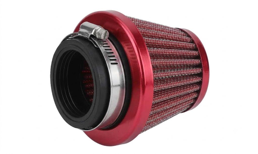 universal motorcycle air filter high performance red | washable & reusable, includes clamp, cone shape design, racing performance, professional install