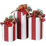 Glenmal 3 Pcs Christmas Table Centerpieces Xmas Wood Gift Boxes Decor Rustic Faux Present Blocks with Bow Ribbon for Holiday Tree Tiered Tray Decoration(Red White,Buffalo Plaid Style)