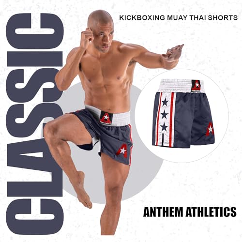 Anthem Athletics Muay Thai Shorts Men, Muay Thai Shorts Women - Kickboxing Short Boxing Trunks 5050 Classic Infinity Resolute - Navy, White & Red - Large